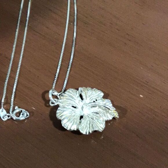 Necklace, Hibiscus Flower Sterling Silver Pendant, 18", NEW, Handmade, Artisan - Picture 2 of 5